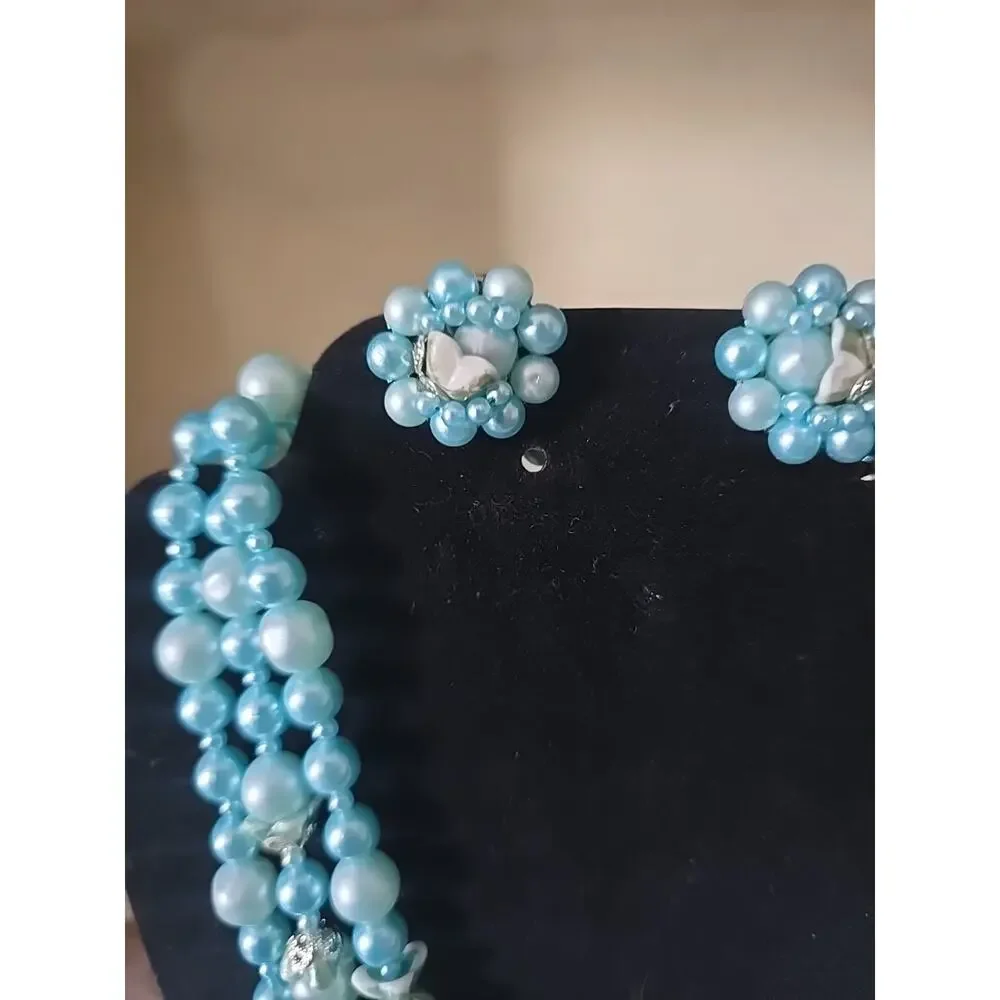 VtgJapan Blue Faux Pearl‎ Necklace Earring Set 3 Strand Mid Century MCM 1950s